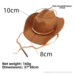 Chapeau de cowboy en daim marron avec tour de tête de 57 cm et sangle à perles en bois
