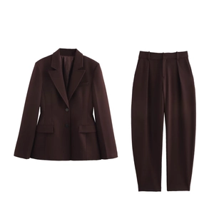 Damen Einfarbiger Blazer Und Weite Hose Professionelle Arbeit Freizeit Streetwear Polyester Schokoladenbraun Mode