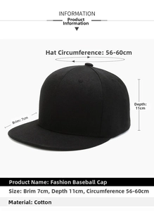 Especificaciones de tamaño para gorra de béisbol de algodón con visera plana ajustable