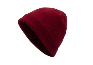 Detailed view of dark red polar fleece texture and neat stitching on winter beanie
