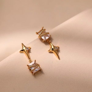 Elegant 18K gold plated star stud earrings with rectangle zircon and twisted wire detail