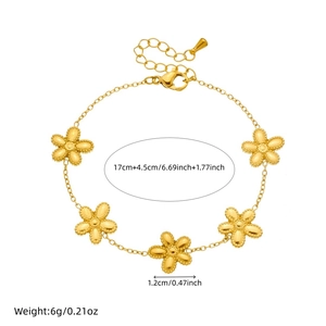 Gold stainless steel flower charm bracelet with adjustable chain length and 6g weight