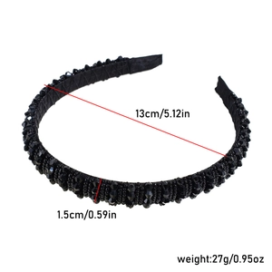 Detailed size view of black beaded rhinestone headband with dimensions 13cm and 1.5cm
