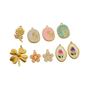 Gold-plated stainless steel floral pendants with colorful enamel plants for DIY jewelry making
