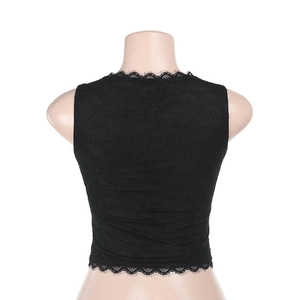 Detailed back view of black lace crop top featuring delicate eyelash lace trim and floral patterns