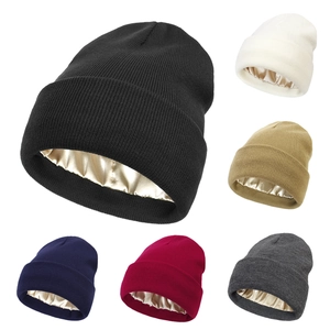 Winter knit beanie hats with satin lining for hair protection in six various colors