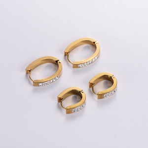 Polished gold-plated stainless steel oval hoop earrings with micro-inlaid rhinestones