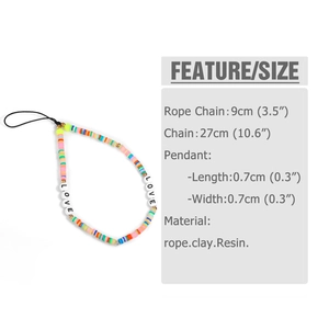 Colorful clay bead phone strap with white LOVE letters and vibrant resin disks