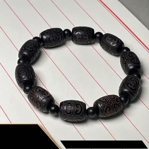 Carved Ebony Wood Drum Beads Bracelet African Blackwood Auspicious Cloud Ethnic Style Buddhist Prayer Jewelry Unisex
