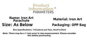 Detail showing high-quality iron parachute ornament specifications and material info