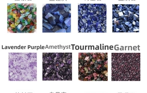 Macro view of assorted natural crystal chips including amethyst, garnet, and lapis lazuli
