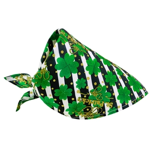 St. Patrick's Day pet bandana with shamrock patterns and green stripes on white background