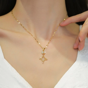 Titanium steel necklace with gold square pendant and micro-inlaid zircon for women