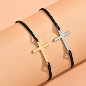 Minimalist alloy cross charm bracelets with black wax cord for couples in gold and silver