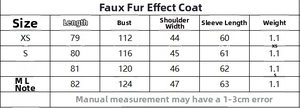 Detailed size chart for faux leather effect coat including length bust and sleeve measurements