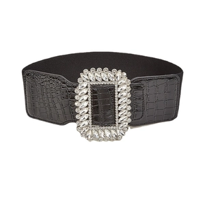 Women's black elastic wide waist belt with crocodile pattern and rhinestone buckle