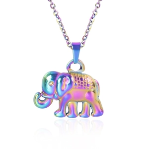 Macro view of rainbow vacuum-plated elephant pendant with colorful metal chain
