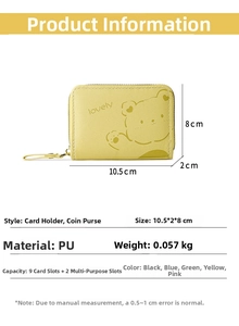Yellow PU leather card wallet detail with bear design and internal size specifications