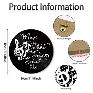 30cm Round wooden record wall art with 'Music is what feelings sound like' quote