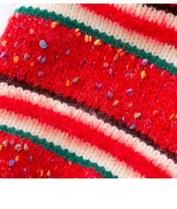 Detailed macro view of warm knitted fabric with colorful stripes and speckled dot patterns