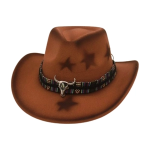 Brown western wool felt cowboy hat with ethnic band and silver bull head ornament