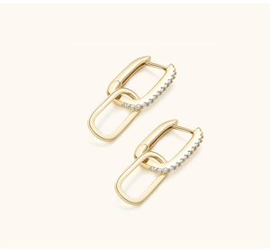 Detailed close-up of golden interlocking oval earrings featuring sparkling pavé zircon stones