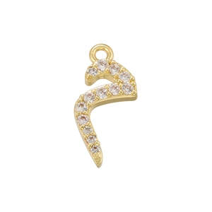 Close-up of gold plated Arabic letter pendant featuring micro-pave white zircon crystals