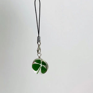 Macro shot of real four-leaf clover specimen preserved in a clear resin ball keychain