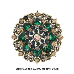 Macro detail of a vintage baroque green gemstone brooch with champagne rhinestones