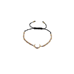 Adjustable evil eye and moon beaded bracelet with black woven cord in gold finish