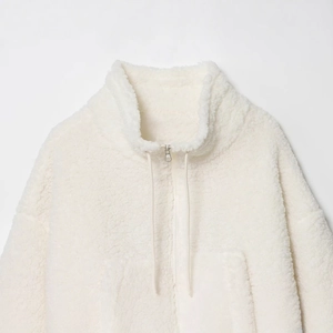 Women's white sherpa fleece baseball jacket with standing collar and zipper closure