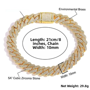 Detail showing 10mm gold plated cuban link bracelet with 5A+ cubic zirconia stones