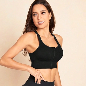 Women's black high-support sports bra with front zipper and ribbed texture for running