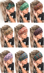 Detailed grid showing 9 colorful mandala pattern elastic headbands worn by a model