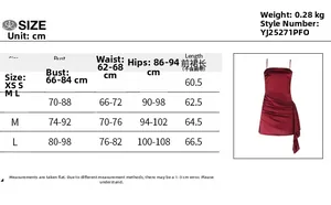 Size chart for the mini satin tube dress showing bust, waist, hips, and length in cm