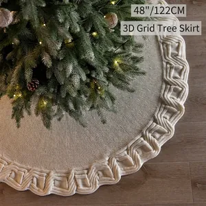 Knitted Christmas Tree Skirt Acrylic Cable Knit Plaid Round Holiday Home Decoration Ornament Ties