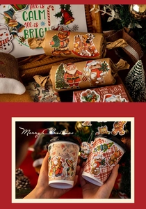 Detailed Christmas stickers with vintage Santa and Teddy Bear on gift wraps and coffee cups