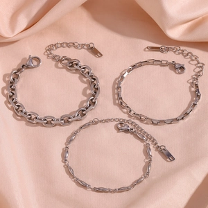 Detailed view of silver stainless steel chain bracelets with box and bead link designs