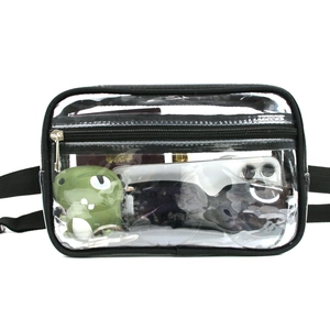 Waterproof clear PVC waist bag with black zippers showing its large storage capacity