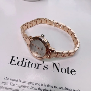 Detailed view of a rose gold vintage metal chain watch with a round minimalist dial