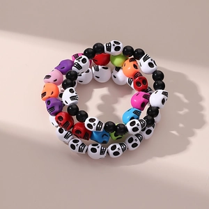 3pcs retro colorful skull beaded bracelets with black acrylic beads for Halloween style