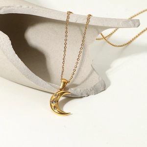 18K gold plated stainless steel moon necklace with three sparkling cubic zirconia stones