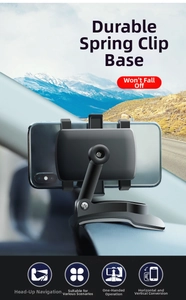 Car phone holder with dashboard clip mount and adjustable arm for mountain driving
