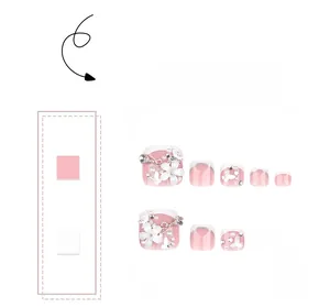 Detail of pink French press-on toenails with 3D white flowers, pearls and metal butterflies