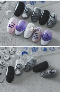 Detail of dark planet theme nail stickers with 3D embossed galaxy patterns and glitter