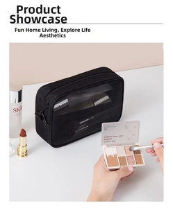 Detail of black mesh makeup bag showing semi-transparent texture and zipper closure