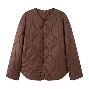 Quilted dark brown diamond pattern winter jacket with V-neck buttons on a white background