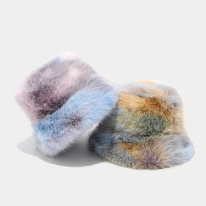 Faux Fur Plush Bucket Hat Winter Warm Tie Dye Colorful Soft Outdoor Casual Fashion Accessory For Women