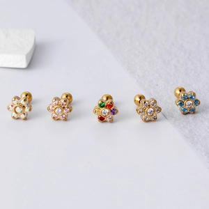 Stainless steel flower cartilage studs with colorful zircon stones in gold plating