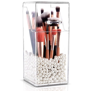 Transparent Acrylic Makeup Brush Holder Dustproof Cosmetic Organizer Storage Box With Flip Top Lid Artificial Pearls Vanity Desktop